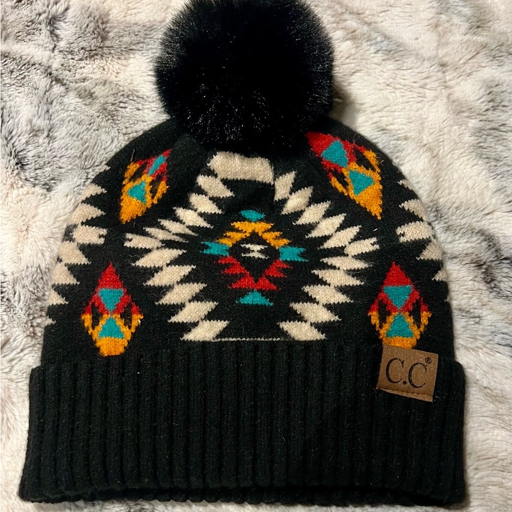 C.C Black Beanie with Cream, Teal, Red & Gold Aztec Pattern